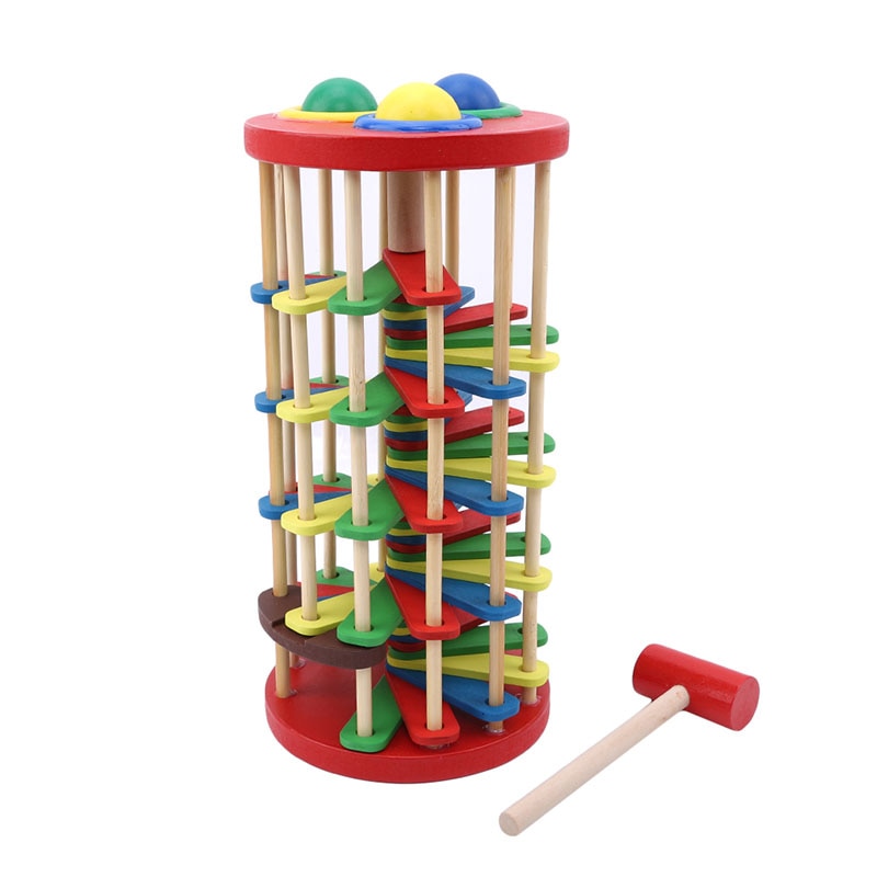 Pound And Roll Wooden Tower With Hammer Knock The Ball